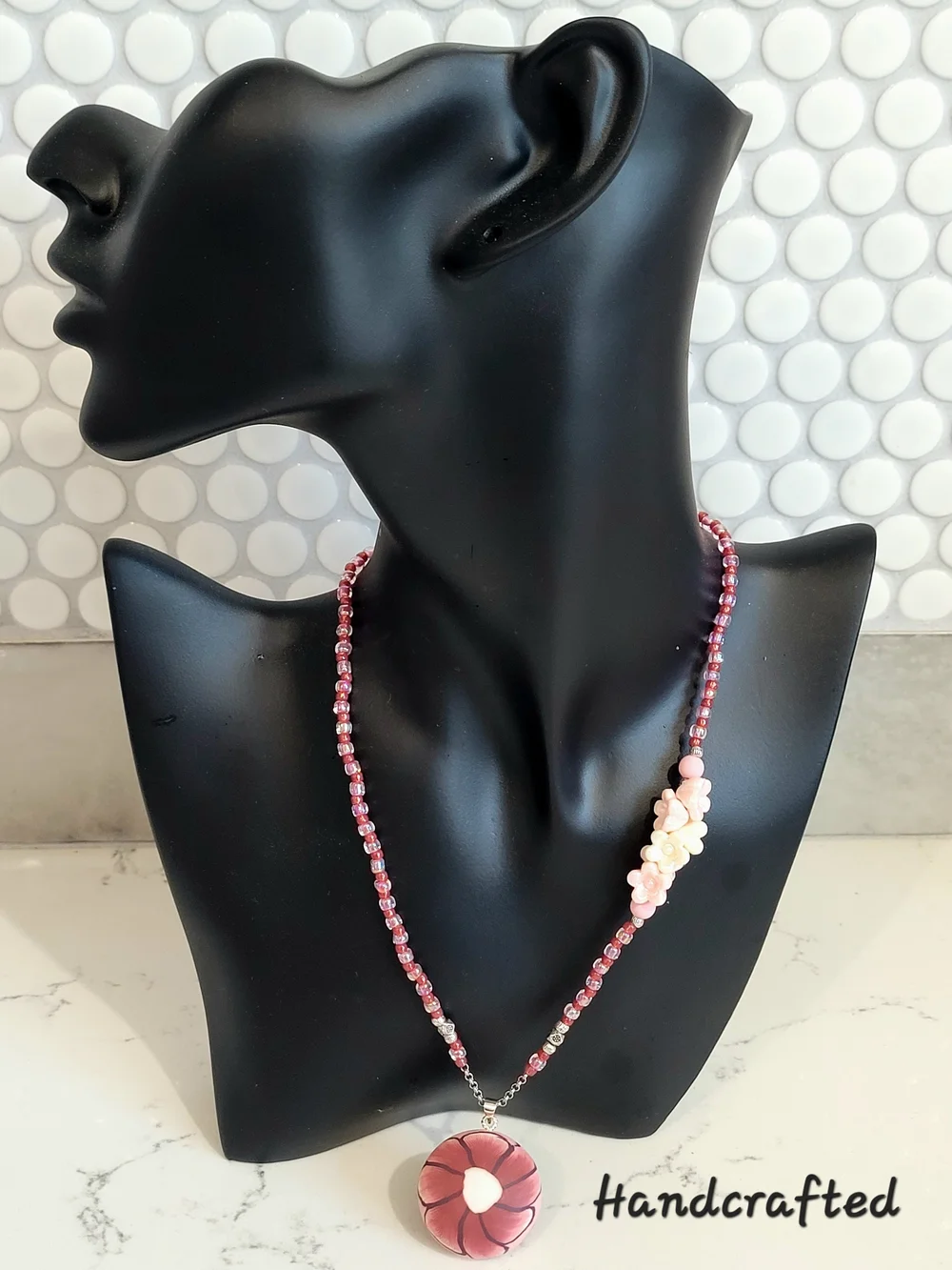 Hand Crafted Kids' Pink Floral Pendant Beaded Necklace